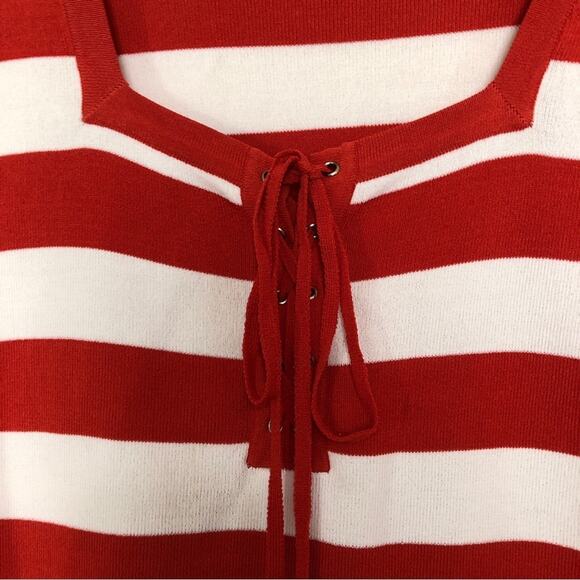 Kenar Red and White Striped Square Neck 3/4 Sleeve Corset Tie Knot Sweater Top - Picture 5 of 7